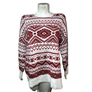 LOFT Sweater Womens Sz XL Red White Long Sleeve Winter Cozy Fair Isle Knit Tunic